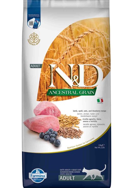 Nd Ancestral Grain Düşük Tahıllı Kuzu Eti ve Yaban Mersinli Yetişkin Kedi Maması 10KG