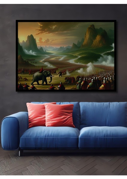 Çerçeve Görünümlü Fil Dişli Yağlı Boya Görünümlü Savaş Alanı Işyeri/ofis Dekoratif Ahşap Kare Tablo