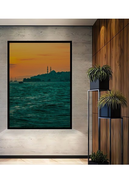 Çerçeve Görünümlü Gün Batımı Istanbul Silüeti Yağlı Boya Görünümlü Dekoratif Ahşap Ofis Kare Tablo