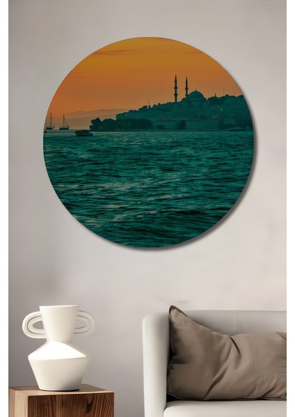 Gün Batımı Istanbul Silüeti Yağlı Boya Görünümlü Dekoratif Ahşap Ev/işyeri/ofis Yuvarlak Tablo