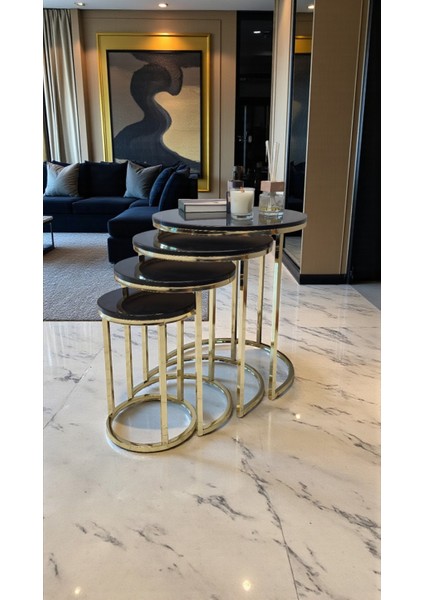 Elegante Serisi Gold Metal Ayaklı 4 Lü Sehpa Seti Parlak Gold Krem Mdf Tabla