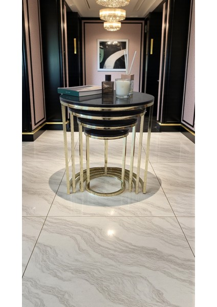 Elegante Serisi Gold Metal Ayaklı 4 Lü Sehpa Seti Parlak Gold Krem Mdf Tabla modelleri