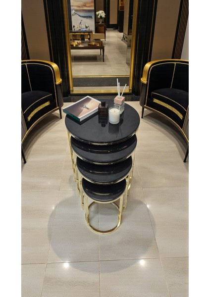 Elegante Serisi Gold Metal Ayaklı 4 Lü Sehpa Seti Parlak Gold Krem Mdf Tabla