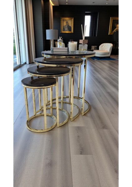 Elegante Serisi Gold Metal Ayaklı 4 Lü Sehpa Seti Parlak Gold Krem Mdf Tabla