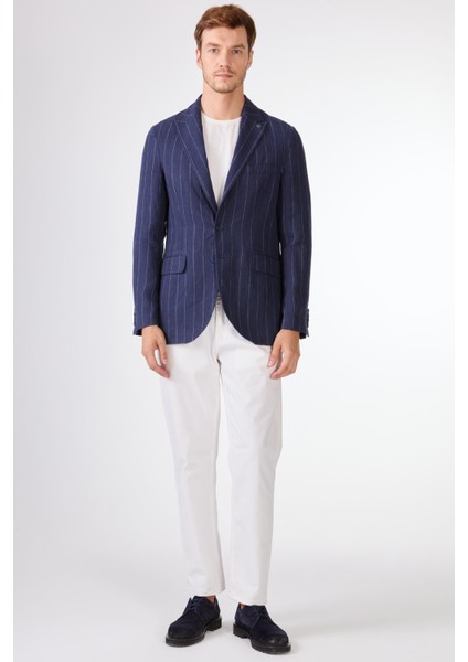 Lacivert Erkek Regular Fit Çizgili Sivri Yaka Keten Ceket 104439