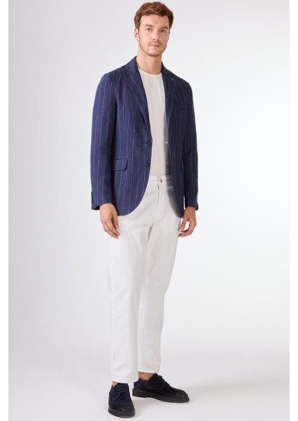 Lacivert Erkek Regular Fit Çizgili Sivri Yaka Keten Ceket 104439