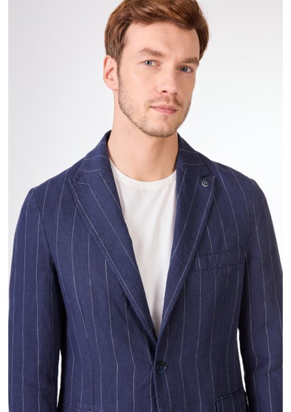 Lacivert Erkek Regular Fit Çizgili Sivri Yaka Keten Ceket 104439