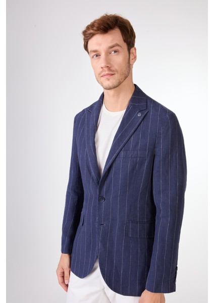 Lacivert Erkek Regular Fit Çizgili Sivri Yaka Keten Ceket 104439