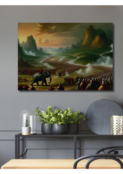Fil Dişli Yağlı Boya Görünümlü Savaş Alanı Ev/işyeri/ofis Dekoratif Ahşap Kare Tablo