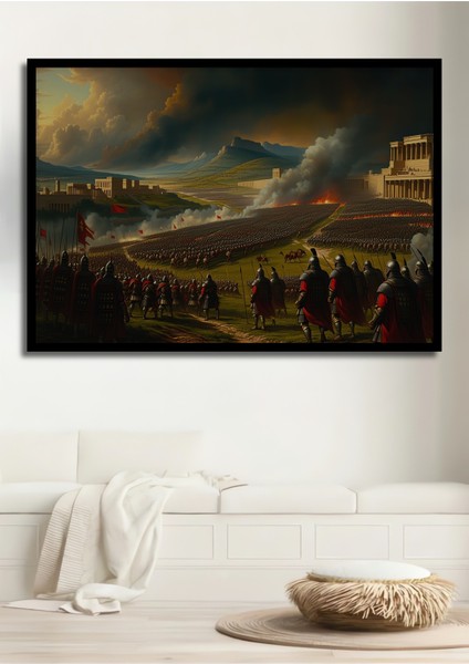 Çerçeve Görünümlü Destansı Savaş Alanı Yağlı Boya Görünümlü Dekoratif Ahşap Işyeri/ofis Kare Tablo