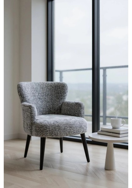 Roma Modern Berjer Tekli Koltuk - Welsoft Yumuşak Kumaş - Ahşap Ayak - Kırçıllı Gri