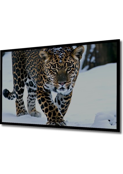 Çerçeve Görünümlü Kar Leoparı Kış Manzarası Yağlı Boya Görünümlü Dekoratif Ahşap Ofis Kare Tablo fiyatları