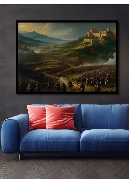 Çerçeve Görünümlü Epik Savaş Alanı Yağlı Boya Görünümlü Dekoratif Ahşap Ev/işyeri/ofis Kare Tablo