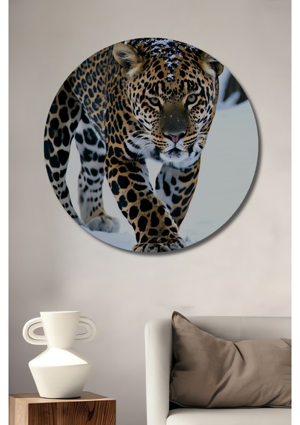 Kar Leoparı Kış Manzarası Yağlı Boya Görünümlü Dekoratif Ahşap Ev/işyeri/ofis Yuvarlak Tablo