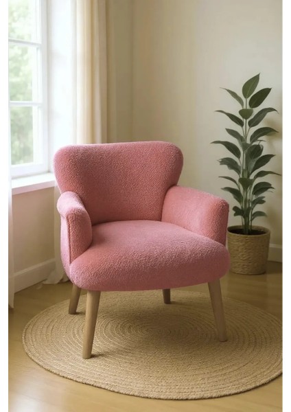 Roma Modern Berjer Tekli Koltuk - Welsoft Yumuşak Kumaş - Ahşap Ayak - Gül Kurusu