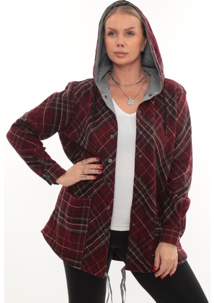 Büyük Beden Rahat Kalıp Kapüşonlu Oduncu Kadın Gömlek Hırka