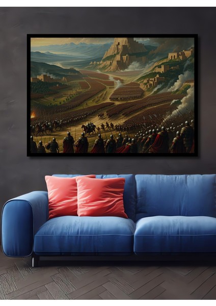 Çerçeve Görünümlü Destansı Savaş Alanı Yağlı Boya Görünümlü Dekoratif Ahşap Işyeri/ofis Kare Tablo