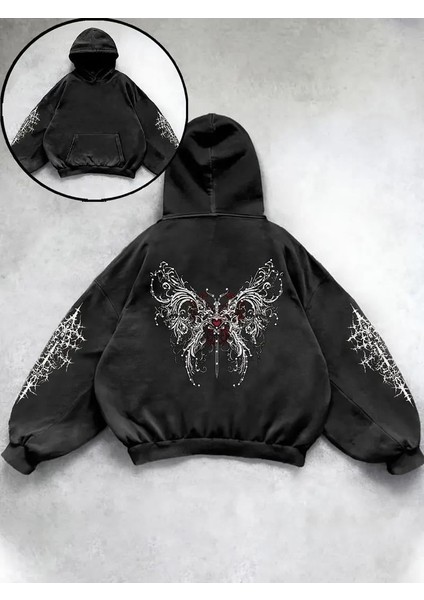 Yıkamalı Gothic Butterfly Baskılı Vintage Kapüşonlu Sweatshirt