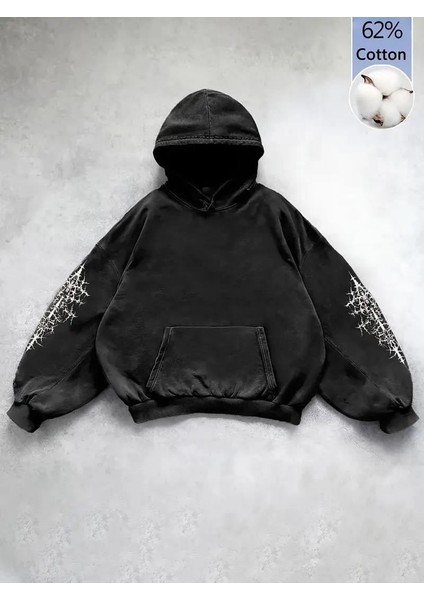 Yıkamalı Gothic Butterfly Baskılı Vintage Kapüşonlu Sweatshirt fırsatları