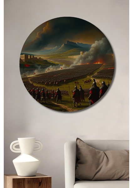 Destansı Savaş Alanı Yağlı Boya Görünümlü Dekoratif Ahşap Ev/işyeri/ofis Yuvarlak Tablo