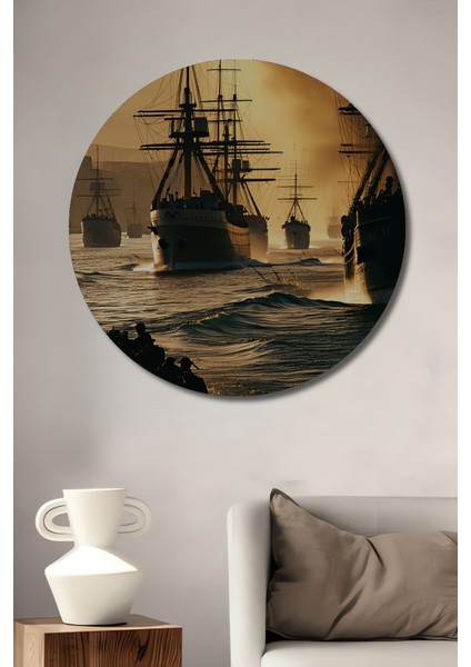 Osmanlı Donanması Yağlı Boya Görünümlü Dekoratif Ahşap Ev/işyeri/ofis Yuvarlak Tablo