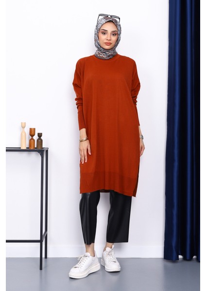 Kiremit Bisiklet Yaka Merserize Salaş Triko Tunik