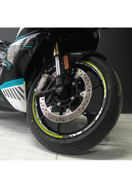 Cfmoto 450SR Sticker Jant Iç & Dış Yazılı Etiket Modeli Neon Sarı - Beyaz modelleri