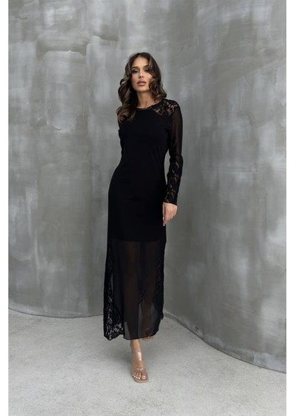 Almond Dantel Detaylı Tül Elbise 2659-8