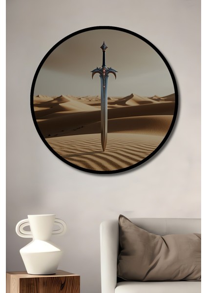 Çerçeve Görünümlü Çölün Kalbinde Efsanevi Kılıç Yağlı Boya Görünümlü Ahşap Ofis Yuvarlak Tablo