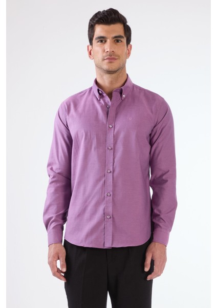 Koyu Lila Erkek Slim Fit Düz Brent Düğmeli Yaka Uzun Kol Gömlek