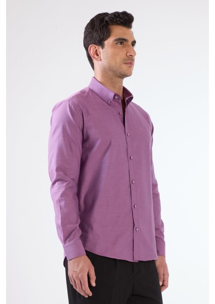 Koyu Lila Erkek Slim Fit Düz Brent Düğmeli Yaka Uzun Kol Gömlek fiyatları