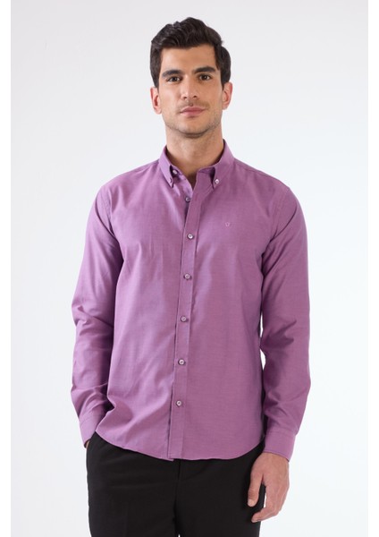 Koyu Lila Erkek Slim Fit Düz Brent Düğmeli Yaka Uzun Kol Gömlek fırsatları