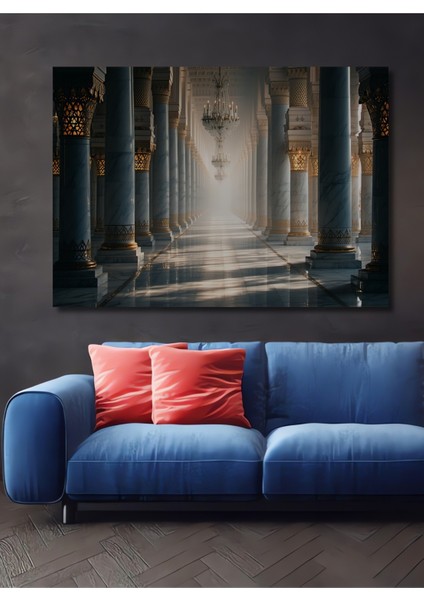 Mermer Sütunlar ve Kristal Avizeler Yağlı Boya Görünümlü Dekoratif Ahşap Ev/işyeri/ofis Kare Tablo