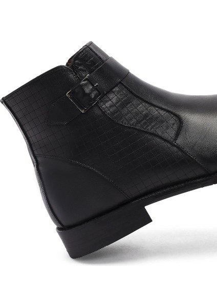 Erkek Siyah Toka Detaylı Fermuarlı Deri Klasik Bot 25WFD670318
