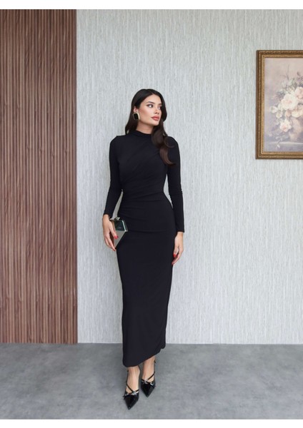 Uzun Kol Drapeli Yırtmaçlı Elbise fırsatları