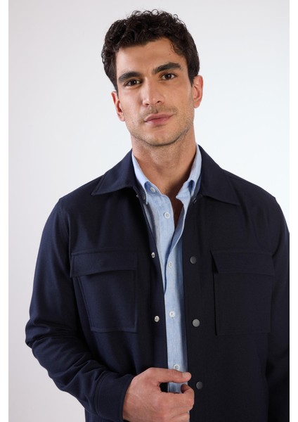 Lacivert Çıtçıt Kapamalı Cepli Overshirt Gömlek