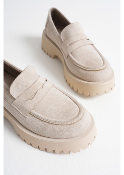 Noir Kadın Günlük Bej Süet Loafer Ayakkabı