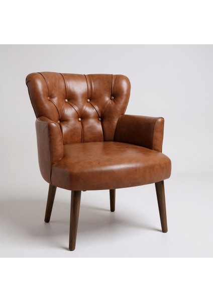 Roma Modern Berjer Tekli Koltuk - Deri Kumaş - Ahşap Ayak - Taba