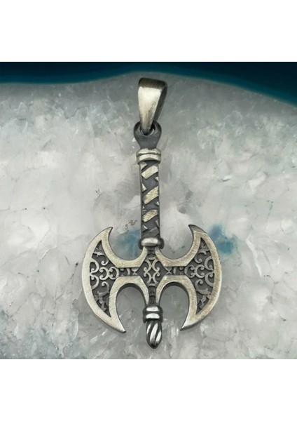 Çift Taraflı Balta Tasarımlı 925 Ayar Gümüş Erkek Kolye Ucu