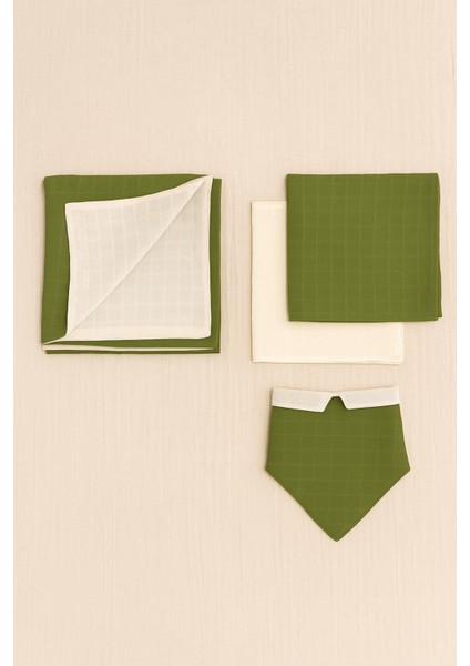 4'lü Müslin Bebek Seti – Çift Taraflı Müslin Örtü Pike, 2 Adet Mendil, Çift Taraflı Çıtçıtlı Ağızlık