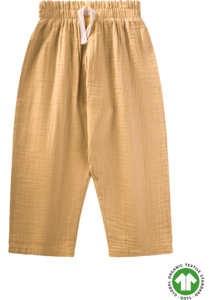 Organic Beli Fırfırlı Geniş Kesim Müslin Pantolon 1-8 Yaş Hardal Sarı