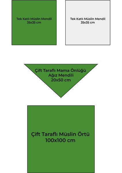 4'lü Müslin Bebek Seti – Çift Taraflı Müslin Örtü Pike, 2 Adet Mendil, Çift Taraflı Çıtçıtlı Ağızlık modelleri