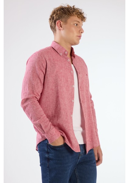 Kırmızı Keten Düz Renk Regular Fit Erkek Gömlek