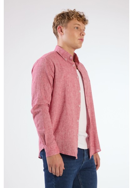 Kırmızı Keten Düz Renk Regular Fit Erkek Gömlek fiyatları