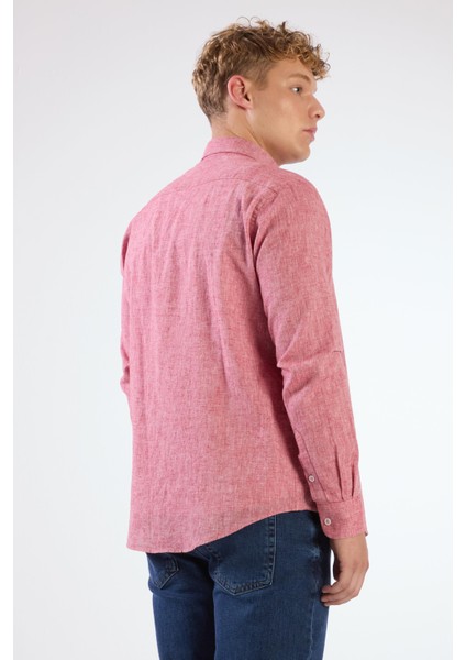 Kırmızı Keten Düz Renk Regular Fit Erkek Gömlek modelleri