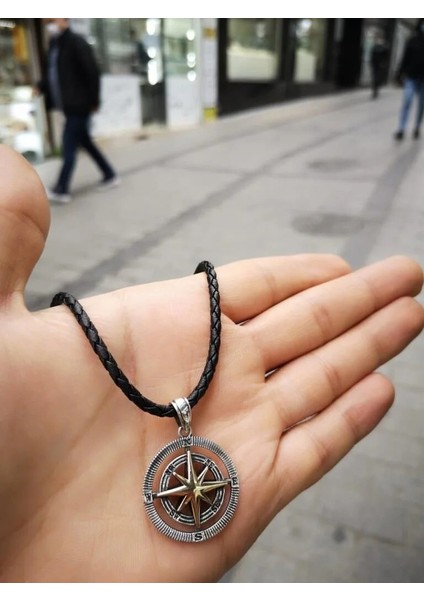 Pusula Özel Tasarım Deri İPLI925 Ayar Gümüş Erkek Kolye