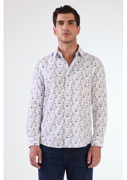 Mavi Erkek Slim Fit Çiçek Desenli Brent Yaka Uzun Kol Gömlek
