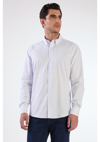 Açık Mavi Kare Desen Regular Fit Uzun Kol Erkek Gömlek