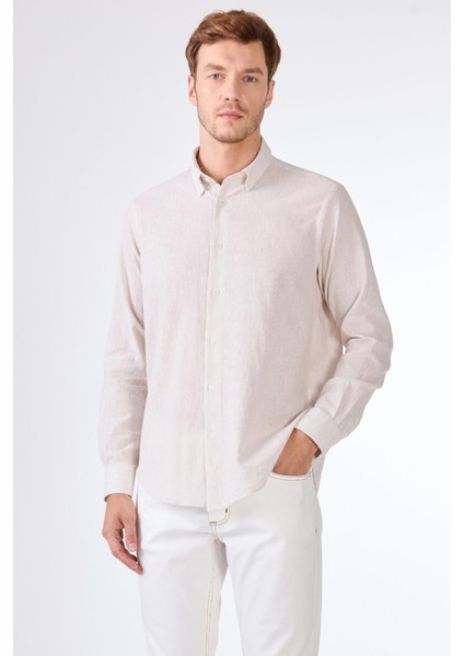 Bej Keten Düz Uzun Kol Regular Fit Erkek Gömlek