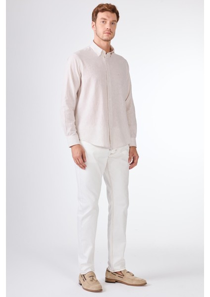 Bej Keten Düz Uzun Kol Regular Fit Erkek Gömlek fırsatları